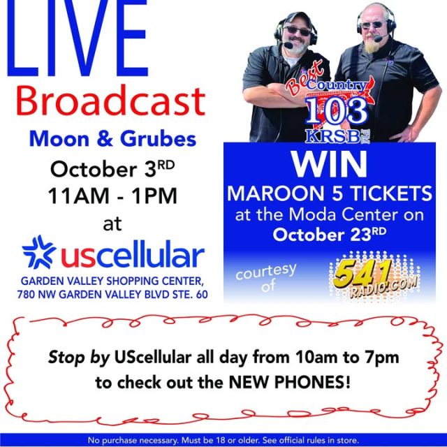 Join us this Friday, October 3rd, at UScellular from 11 AM to 1 PM for a live broadcast with Moon & Grubes from Best Country 103! 📻 

Check out the latest phones and amazing deals at UScellular. Spin our prize wheel and enter for a chance to win tickets to see Maroon 5 at the Moda Center on Thursday, October 23rd! 🎉 Don't miss out!