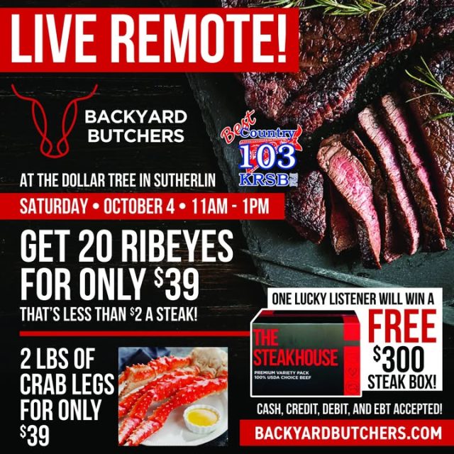 🚨 Moon & Grubes are hitting the road THIS Saturday from 11 AM to 1 PM at Dollar Tree in Sutherlin! 🚨

The Backyard Butchers are bringing the 🔥 DEALS! Get 20 ribeyes for just $39—that’s less than $2 per steak! 😱 Spot the big red truck in the Dollar Tree parking lot in Sutherlin!

🎉 PLUS, one lucky winner will get a FREE $300 steak box! Enter to win at the big red truck at Dollar Tree in Sutherlin!

🦀 LIMITED TIME OFFER: Grab 2 pounds of crab legs for only $39!

💳 Cash, credit, debit, and EBT accepted. Visit BackyardButchers.com for more info!