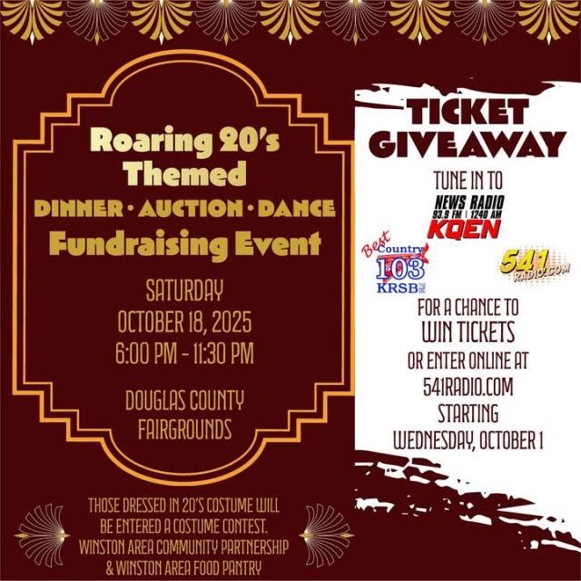 ENTER TO WIN A PAIR OF TICKETS!

Now not only can you listen on air to Best Country 103 and News Radio 1240 KQEN to win a pair of tickets to this Roaring 20's event but you can ENTER TO WIN ONLINE!

Follow the link for your chance to win tickets for an amazing evening of Dancing, Dinner and an Auction at the Douglas Fairgrounds Saturday October 18th with live music from the Vine Katz.

https://541radio.com/roaring-20s-giveaway/

(Image will be updated to reflect)
