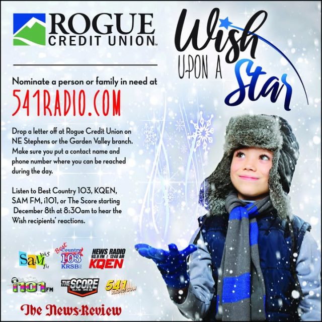 🎄 It's that magical time of year again! ✨ Wish Upon A Star is back, and nominations are OPEN NOW!

Know someone or a family in need? Nominate them at 541Radio.com or drop off a letter at Rogue Credit Union (NE Stephens or Garden Valley branch). Be sure to include a contact name & daytime phone number!

Tune in starting December 8th on Best Country 103, News Radio 1240 KQEN, 104.5 SAM-FM, i101, or 1490 The Score to hear the heartwarming reactions from this year's wish recipients! ❤️

https://541radio.com/wish-2025/

#WishUponAStar #HolidayMagic #CommunityLove