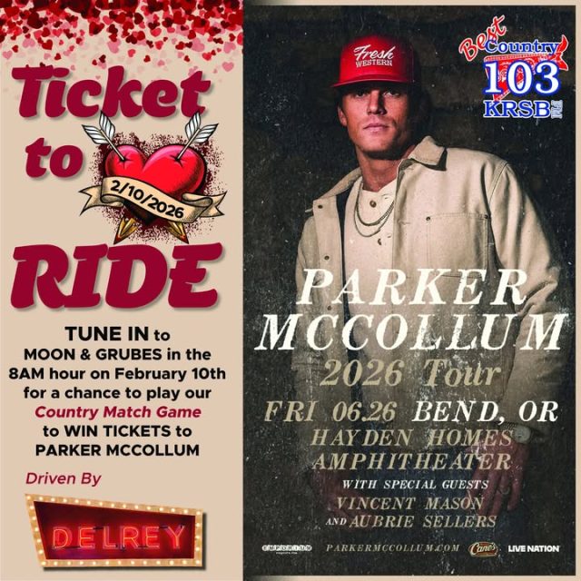 🚀 Pre-Valentine Ticket To Ride Tuesday on Best Country 103!💕🤠

Y'all ready to match-made in country heaven? Tune into Moon & Grubes Tuesday, February 10th for Ticket To Ride Tuesday, driven by Del Rey Café in Roseburg – play our Country Match Game & score a pair of tickets to Parker McCollum with Vincent Mason and Aubrie Sellers at Hayden Homes Amphitheater in Bend on Friday, June 26th! 

Grab your sweetheart (or future crush 😘) for the perfect Valentine's Day gift, fuel up at Del Rey, then dance under the stars to Parker's hits like "Handle On You" & "Burn It Down" – the ultimate date night warmup! 🌹🎶

Don't miss your shot at romance! Listen 6-10AM on Best Country 103 KRSB. Who's your country match? Tag 'em below! 👇

#ParkerMcCollum #HaydenHomesAmp #TicketToRideTuesday #DelReyCafe #BestCountry103 #541Radio
