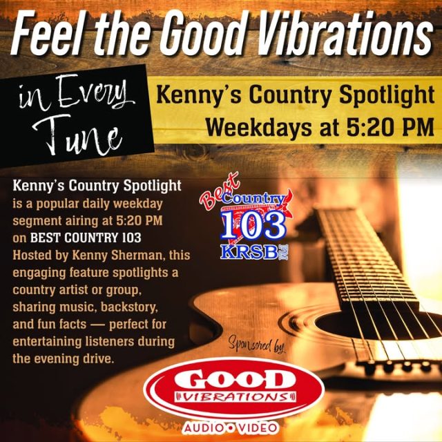 🌵🎶 Crank up those Good Vibrations and get ready for some toe-tappin' country tunes!

Tune in weekday afternoons to Best Country 103 with Kenny Sherman at 5:20 PM for Kenny's Country Spotlight, proudly brought to you by your local favorite electronics store specializing in home and car audio/video - Good Vibrations Audio Video - Roseburg, OR!!!!

Each day, Kenny dives into a featured country artist or group — sharin' their hit songs, cool backstory, fun facts, and all the good stuff that makes country music so special. Whether you're kickin' back after work or drivin' around town, it's the perfect way to keep those country vibes rollin'!

Swing by Good Vibrations for all your audio upgrades to make your country playlist sound even better — home theater, car stereo, you name it! 🚗🔊

Who's your favorite country star Kenny should spotlight next? Drop it in the comments! 🤠❤️

#BestCountry103 #RoseburgOregon #GoodVibrationsRoseburg #CountryMusic #KennySherman