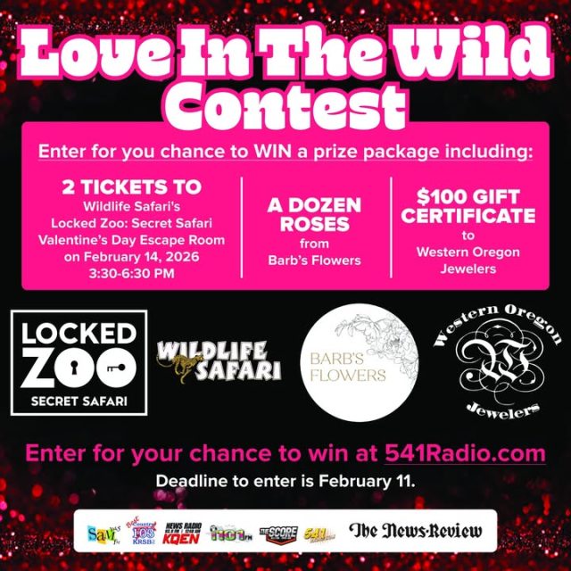 ❤️ Love In The Wild Contest – Your Ultimate Valentine's Adventure Awaits! 🦒💕

Couples (or friends and adventure seekers), imagine this:  
You and your special someone solving thrilling puzzles in Wildlife Safari's Locked Zoo: Secret Safari Valentine's Day Escape Room on February 14th... kicking the day off with a stunning dozen red roses from Barb's Flowers and Gifts and a $100 gift certificate to Western Oregon Jewelers to spoil each other even more! 🦁🌹💍
It's the perfect wild mix of adventure, romance, and luxury – all wrapped up in one incredible prize package!

To enter:  Head to https://541radio.com/2026/01/28/love-in-the-wild-giveaway/ right now and fill out the quick entry form.
  
Deadline: February 11th – don't wait, spots are limited and hearts are racing!

Who's ready to get "locked in" with love this Valentine's Day? Tag your Valentine below and tell us why you deserve this epic date night! 👇❤️
#LoveInTheWild #WildlifeSafari #ValentinesEscape #SecretSafari #SouthernOregonRomance #541Radio