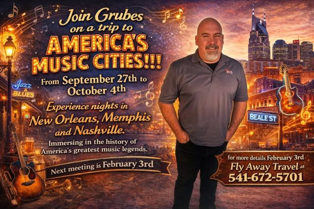 🎸🌟Trip Alert: Join Grubes from Best Country 103 and i101 for the ultimate music adventure – America's Music Cities!🌟🎸

Get ready to hit the highlights of Southern soul:  
- Jazz vibes and cajun food in New Orleans  
- Blues legends and BBQ in Memphis  
- Honky-tonk heaven and southern comfort food in Nashville  

Dates: September 27 – October 4 (perfect fall getaway!)

Call Fly Away Travel today at (541) 672-5701 for all the details, pricing, and to RSVP for the next info meeting. Don't miss out on this once-in-a-lifetime trip with one of your favorite local radio hosts! 🎤✈️

Who’s coming along? Drop a 🎶 or tag a friend who needs this in their life! #AmericasMusicCities #NewOrleans #Memphis #Nashville #RoseburgAdventures #BestCountry103 #i101