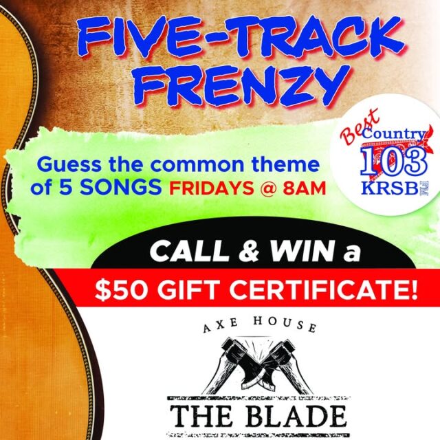 🚨 Axe Throwers of Roseburg & Beyond! 🚨

Tomorrow is YOUR chance to conquer the Five-Track Frenzy Challenge!!!! Tune in every Friday morning to Best Country 103, listen for those five killer tracks, and be the FIRST caller to nail the common theme!

Get it right, and you’ll score a sweet Gift Certificate to The Blade Axe House – where the axes are sharp and the good times are sharper! 😎

Who’s ready to claim victory tomorrow? Tag your crew and let’s get those phones dialed! 📻☎️
#BladeAxeHouse #RoseburgOregon #FiveTrackFrenzy #BestCountry103 #AxeThrowingFun