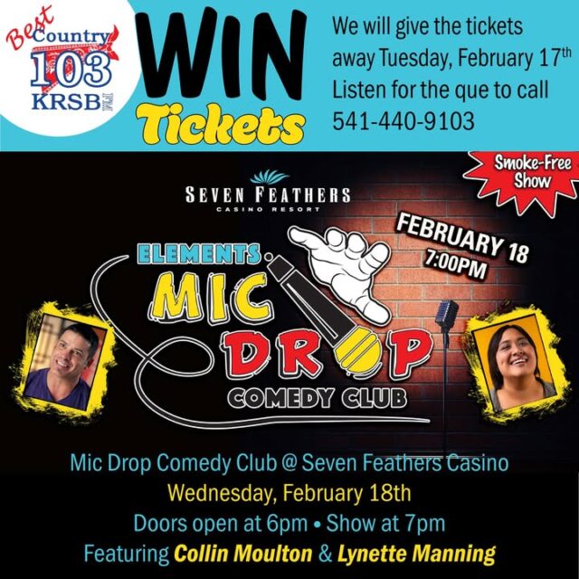 😂 Get ready to laugh your boots off, Best Country 103 fam!  

Moon & Grubes in the Morning are hooking you up with an EPIC night of comedy at Seven Feathers Casino Resort's Elements Mic Drop Comedy Club!  

Headout to Seven Feathers Casino Resort on Wednesday, February 18th for a hilarious show featuring the clean comedy king Collin Moulton (that Dry Bar special legend with millions of views) and the sharp, relatable Lynette Manning (Northwest comedy star who's killing it everywhere)!  

It's the perfect mid-week escape — great laughs, good vibes, and a chance to unwind at one of our favorite spots.  

Want in? Tune in to Moon & Grubes Tuesday, February 17th for your shot to WIN TICKETS! Listen close, call when you hear the cue, and you could be heading to Canyonville for an unforgettable night.  

Who's bringing their crew? Tag a friend who needs this laugh therapy below!  

#MoonAndGrubes #BestCountry103 #MicDropComedy #SevenFeathersCasino #CollinMoulton #LynetteManning #RoseburgLaughs #CountryComedyNight

Tickets on sale now at sevenfeathers.com if you can't wait to snag yours! 🎤✨