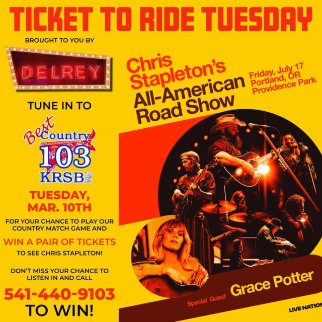 🎸 Ticket to Ride Tuesday hits tomorrow, brought to you by Del Rey Café in Winchester — that classic Oregon diner dishin’ up soul food just like Chris pours out gravel-road grit.

Tomorrow — Tuesday, March 10th — crank Moon & Grubes in the Morning in the 8 o’clock hour on Best Country 103.  

Listen up… when you hear your shot, call 541-440-9103 and play the Country Match Game!

Win TWO tickets to see Chris Stapleton live at Providence Park in Portland, July 17th, 2026, with special guest Grace Potter! 🔥 That raw, whiskey-soaked voice is gonna shake the place.

Even if you don't match, you still get the tickets and a Del Rey Café gift certificate just for playin’.

Fuel up at Del Rey (5669 NE Stephens St, Winchester) — strong coffee, Hotcakes, Eggs Benedict, whatever calls your name — before or after you tune in.

Tomorrow’s the day. Turn it up, call in, and let’s ride to Providence Park on that Stapleton soul.

Who’s in? Drop a comment!

#TicketToRideTuesday #ChrisStapleton #AllAmericanRoadShow #BestCountry103 #DelReyCafe