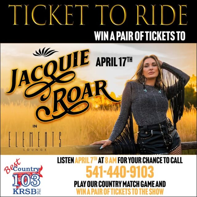 🎸🐆 Ticket To Ride Tuesday is ROARIN’ back, y’all! 🐆🎸

Brought to you by the good folks at Del Rey Café in Winchester — where the biscuits are hot, the coffee’s strong, and the locals know how to kick up a little dust!

Next Tuesday, April 7th, crank up Best Country 103 for your shot at TWO PAIRS of tickets to see Jacquie Roar live in the Elements Lounge at @Seven Feathers Casino Resort on Friday, April 17th!

That’s right, partners — not one pair… but two pairs up for grabs! Two lucky listeners are gonna win themselves a night to roar about!

Then saddle up again on Tuesday, April 14th — we’re givin’ away another two pairs for the Saturday, April 18th show!

That’s four pairs total — two wild nights with Jacquie Roar bringin’ that high-energy country fire to the intimate Elements Lounge at Seven Feathers!

Straight off The Voice, this country powerhouse is fixin’ to light up Southern Oregon… and you could be right there in the front row hollerin’ along!

🎟️ Tune in every Ticket To Ride Tuesday at 8am on Best Country 103  
🍳 Sponsored by Del Rey Café — Winchester’s go-to for breakfast, lunch, and good country vibes!

Who’s ready to ride with Jacquie Roar? Drop a comment below if you’re tunin’ in and turnin’ it up!

#JacquieRoar #SevenFeathers #ElementsLounge #DelReyCafe #BestCountry103 #TicketToRideTuesday #SouthernOregon