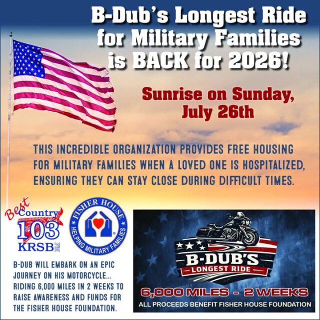 🚨 B-Dub’s Longest Ride for Military Families is BACK for 2026! 🇺🇸🤘

Get ready, Roseburg! Our very own B-Dub is saddling up for an epic 6,000-mile motorcycle journey in just 2 weeks to raise awareness and funds for the Fisher House Foundation.

This incredible organization provides free housing for military families when a loved one is hospitalized — so they can stay close during the toughest times.

🌅 Sunrise on Sunday, July 26th — the ride kicks off!

All proceeds benefit Fisher House Foundation — helping our heroes and their families when they need it most.

https://www.bdubradio.com/ride/

Follow B-Dub’s journey, cheer him on, and help make a difference! 💙

👉 Like, share, and tag a military family who this supports!  
How can you get involved? Drop a comment below or visit the Fisher House Foundation to learn more.

#BDubsLongestRide #FisherHouse #SupportOurMilitary #BestCountry103 #KRSB #Roseburg