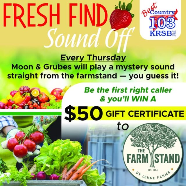 🌱 Fresh from the Farmstand Tune in next Thursday Morning🌱

Every Thursday on Best Country 103, Moon & Grubes bring you a mystery sound straight from the fields and shelves at The Farmstand by Lehne Farms, LLC!  

From the crisp snap of fresh-picked carrots and the juicy burst of ripe strawberries, to the rustle of leafy lettuce, the crunch of sweet bell peppers, the earthy pull of fresh radishes and beets, or even the sizzle of something delicious from the deli — can you guess the sound?

🚨 Be the first right caller and you’ll win a $50 Gift Certificate to The Farmstand by Lehne Farms in Douglas County!

Use your winnings to fill your basket with farm-fresh produce, greenhouse plants, baked goods, chocolate-dipped ice cream bars, espresso, fresh salads, deli items, specialty groceries, and so much more — all grown or made with care right here in our community.

📍 The Farmstand by Lehne Farms  
532 Melrose Road  
Roseburg, OR 97471  

Open Wednesday–Saturday, 9am–5pm (hours subject to change — always call ahead!)

Tune in every Thursday morning, listen closely, and call in fast when you think you know the sound!

Who’s ready to win some fresh finds this week? Drop a 🍓🥕🥬 below if you’re tuning in!