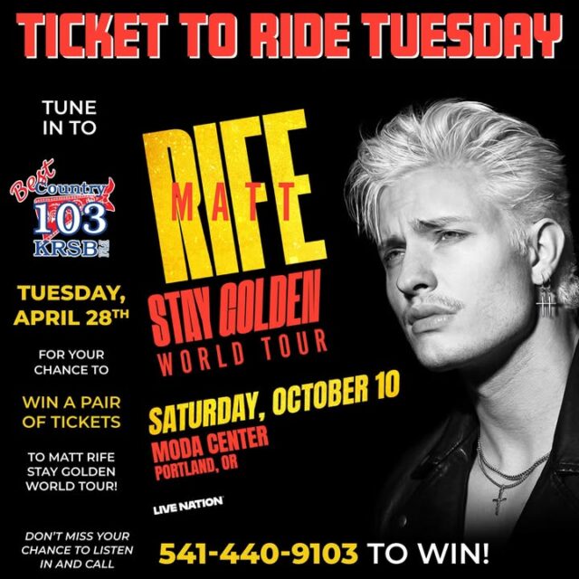 If you missed out on Jason Aldean, don't worry we will have more to giveaway!!!

🚨 TICKET TO RIDE TUESDAY is BACK next week on Best Country 103  — and this time it’s personal. 😂

Brought to you by Del Rey Café — the only spot that serves coffee strong enough to handle Matt Rife’s set.

Next Tuesday, we’re giving away tickets to see the one and only @Comedian Matt Rife on his Stay Golden World Tour at the Moda Center in Portland!

This dude’s mouth is dangerous… and so is missing this show. Don’t be the person Matt roasts in the crowd because you couldn’t score tickets. 

Tune in NEXT TUESDAY, call 541-440-9103 when you hear the cue, and yell “I’m here to ride!” for your shot at playing the game of the day for a pair of tickets.

Matt Rife doesn’t do boring. Neither do we.

Stay Golden… or stay home. Your choice. 🔥

#MattRife #StayGoldenWorldTour #TicketToRideTuesday #BestCountry103 #DelReyCafe
