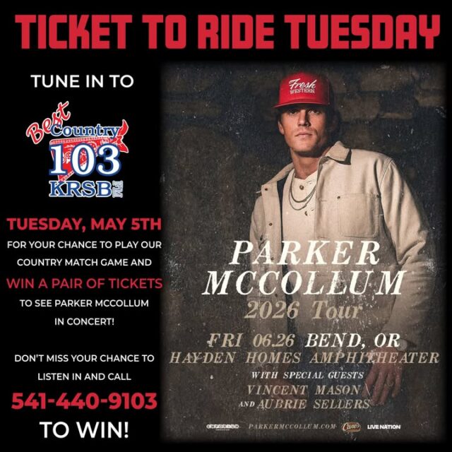 🎟️ TICKET TO RIDE TUESDAY is TOMORROW MORNING! 🎟️

Tune in to Best Country 103 tomorrow (Tuesday, May 5th) for your shot at winning a pair of tickets to see Parker McCollum live in concert!

Play the Country Match Game and you could be heading to the Hayden Homes Amphitheater in Bend, OR on Friday, June 26th with special guests Vincent Mason and Aubrie Sellers! 🔥

📻 Don’t miss it — listen in and call 541-440-9103 when the contest drops!

Who’s ready to win some tickets?! Drop a comment below if you’ll be tuning in tomorrow morning! 

#ParkerMcCollum #TicketToRideTuesday #BestCountry103 #KRSB