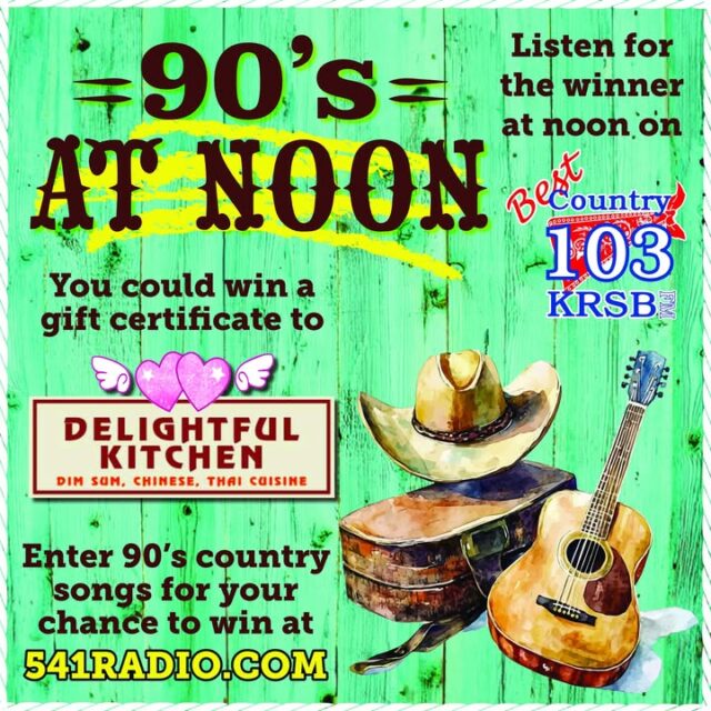 🌟 Kick off those boots, grab your hat, and crank it up loud—it’s 90s At Noon on Best Country 103, brought to you by the flavor masters at Delightful Kitchen! 🌟

We’re spinnin’ pure 90s country gold today: Alan Jackson’s river-rattlin’ “Chattahoochee,” Tim McGraw’s high-energy “I Like It, I Love It,” Toby Keith’s classic “Should’ve Been a Cowboy,” and more!

That real rodeo-meets-honky-tonk energy is back in full swing. Join Kenny Sherman weekdays at high noon for the best 90s country around.

Want to win big? Head over to https://541radio.com/2026/02/18/90s-at-noon/ and drop your favorite 90s country banger in the comments or on the site. If Kenny plays your pick, you’ll score a Delightful Kitchen gift certificate good towards their Lunch Specials or to help with the bill!

While you’re at it, treat yourself to Delightful Kitchen’s amazing $10 lunch specials — fresh, no-MSG Chinese classics, fiery Thai favorites, and those mouthwatering Dim Sum bites, all cooked with heart and bursting with flavor. Perfect for a quick, delicious midday break that’ll have your taste buds two-steppin’! 🍜🔥🤠

Swing by at 2521 W Harvard Ave for takeout or dine-in. Your whole crew will be hollerin’ for more!

Make your lunch hour unforgettable with 90s country hits and the best flavors in town. See you at noon!

What’s your all-time favorite 90s country jam? Drop it in the comments below! 👇🎸

#90sAtNoon #DelightfulKitchenRoseburg #DelightfulKitchenLunchSpecials #90sCountry #RoseburgEats #541Radio