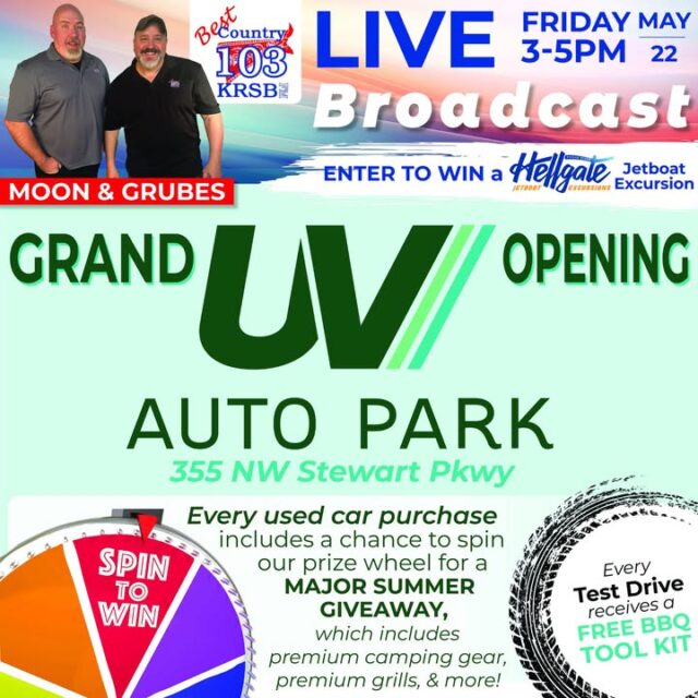 Best Country 103 is hitting the road and coming to you LIVE from the Grand Opening of UV Auto Park this Friday, May 22nd from 3-5PM!

Come hang out with Moon & Grubes as we celebrate the big grand opening of UV Auto Park at 355 NW Stewart Pkwy in Roseburg!

🔥 What’s happening:
- Enter to win River Run excursions for 2 from Hellgate Jetboat Excursions!
- Every used car purchase gets a spin on the big prize wheel for an awesome Summer Giveaway (premium camping gear, grills & more!)
- Every test drive gets a FREE BBQ Tool Kit!

More Information here: https://www.facebook.com/events/3261888037336900?post_id=3266865623505808&ac

Whether you’re looking for a new ride or just want to come say hi and win some prizes, this is the place to be this Friday afternoon!

📍 UV Auto Park
355 NW Stewart Pkwy  
Roseburg, OR

See you there! Bring your friends! 🎉

#UVAutoPark #GrandOpening #BestCountry103 #Roseburg #MoonAndGrubes