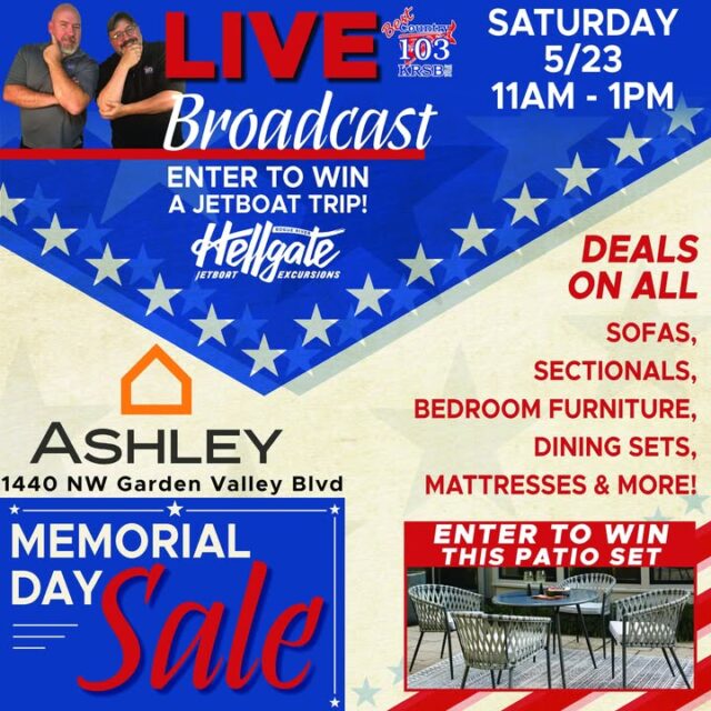 🎙️ LIVE from Ashley Furniture This Saturday! 

Join Moon & Grubes for a special LIVE Broadcast on Best Country 103 next Saturday, May 23rd from 11AM - 1PM at Ashley Furniture in Roseburg!

📍 Ashley Furniture
1440 NW Garden Valley Blvd

Come hang out with us while we broadcast live, score huge Memorial Day Sale deals on sofas, sectionals, bedroom furniture, dining sets, mattresses & more, and enter to win some awesome prizes:

🚤 A Jetboat Trip with Hellgate Jetboat Excursions  
🪑 A full Patio Set

Whether you’re shopping for new furniture or just want to stop by and say hi, this is the place to be on Saturday morning!

Best Country 103 — Your station for the best country music and local events! 🔥

Tag your friends who need new furniture and we’ll see you there! 👋

#BestCountry103 #MoonAndGrubes #AshleyFurniture #MemorialDaySale #Roseburg