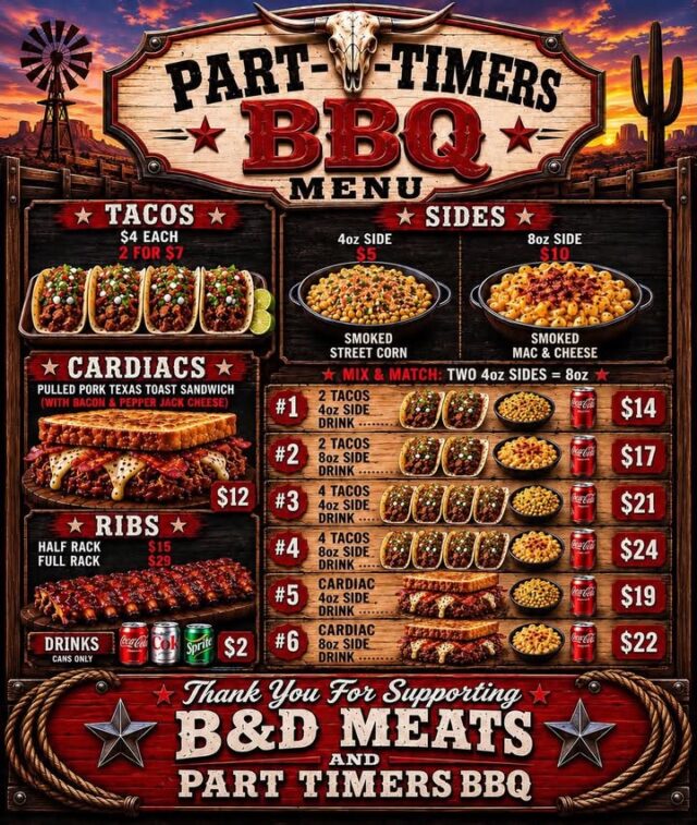 🎉 Customer Appreciation Day with B&D Meats & Part-Timers BBQ! 🎉

Join them this Saturday, May 30th, 2026 for their Customer Appreciation Meat Sale AND BBQ! 

They are firing up the grills with all your favorites:
- Smoked Ribs
- Cardiac’s Pulled Pork Texas Toast Sandwich
- Smoked Street Tacos
- Elotes Done Our Way
- Smoked Mac N Cheese
- And so much more!

Come grab some amazing deals on premium meats from B&D and enjoy live BBQ from Part Timers. It’s their way of saying THANK YOU for your support! 🇺🇸🔥

Special Giveaway: Since our phones are still down at Best Country 103, we’re doing this the old-school way — drop your name in the comments below for a chance to win a FREE B&D Meats & Part Timers BBQ Meal Ticket! 🎟️ We’ll pick a winner and announce it during the morning show with Moon & Grubes.

Tag your friends, share this post, and let’s make this the biggest customer appreciation day yet! 

See you Saturday, May 30th! 🤠🍖

#BDMeats #PartTimersBBQ #CustomerAppreciation #RoseburgOR #BBQTime