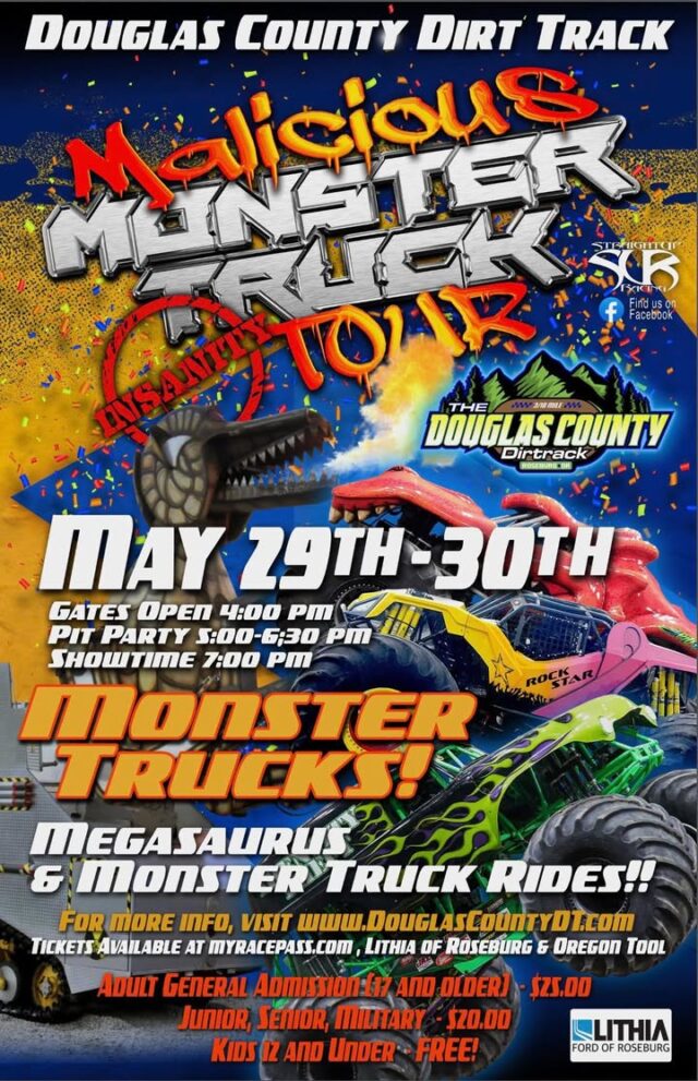 🤠 Country fans, get ready to get rowdy! 🤠

The Malicious Monster Truck Tour is rolling into Roseburg and Best Country 103 is hooking you up with tickets!

Come see massive monster trucks, Megasaurus, and monster truck rides at The Douglas County Dirtrack on May 29th & 30th!

Gates Open 4PM
Pit Party 5:00–6:30PM
Showtime 7PM

Want free tickets? Just drop your name in the comments and we’ll spin the wheel! Winners announced all week long.

Tag your country crew who needs to see this in person! 🔥

Tickets also at myracepass.com, Lithia of Roseburg & Oregon Tool.

#MaliciousMonsterTruckTour #BestCountry103 #Roseburg