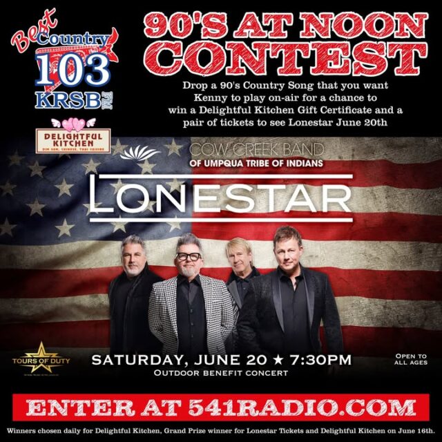 🎉 90's At Noon Contest is LIVE on Best Country 103! 🎶

Drop a 90’s Country song you want Kenny to play on-air for your chance to win!

Daily Winners get a Delightful Kitchen Gift Certificate — good toward their $10 Lunch Specials or your full bill!

One Grand Prize Winner will receive:
- A pair of tickets to see Lonestar at Seven Feathers Casino Resort on Saturday, June 20th PLUS a Delightful Kitchen Gift Certificate.

How to Enter:
Go to 541radio.com and tell us a 90’s Country song you’d love to hear Kenny play at noon! 👉 https://541radio.com/2026/02/18/90s-at-noon/

Winners chosen daily! Grand Prize winner announced Tuesday, June 16th!

All tickets purchased for the Lonestar concert benefit Tours of Duty, a nonprofit organization dedicated to honoring our nation’s veterans by searching for and recovering Prisoners of War (POW) and Missing in Action (MIA) service members.

#BestCountry103 #90sAtNoon #Lonestar #SevenFeathers #CountryMusic