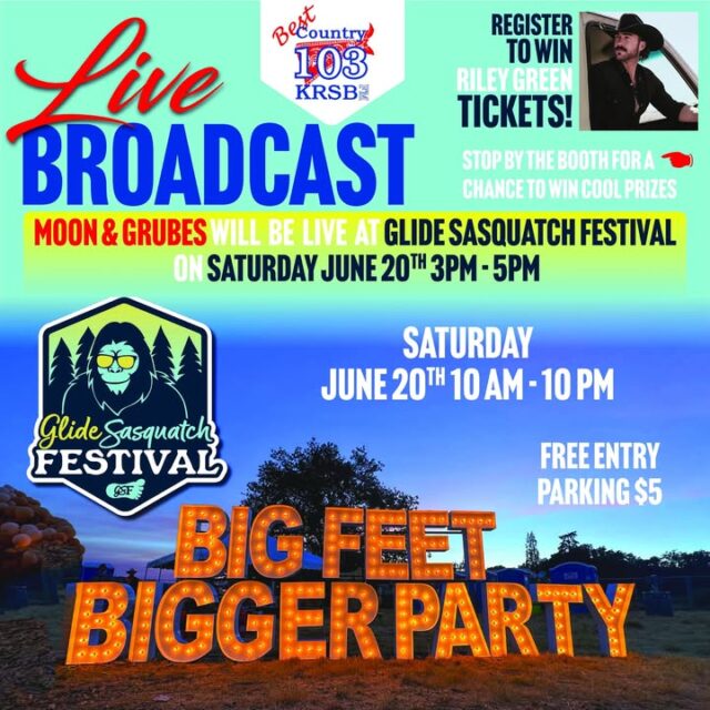 🎙️ Moon & Grubes LIVE from the Glide Sasquatch Festival! 🎙️

Get ready for a Sasquatch-sized good time! Moon & Grubes from Best Country 103 KRSB will be broadcasting LIVE from the Glide Sasquatch Festival on Saturday, June 20th, 2026 from 3PM - 5PM!

Stop by our booth to register for prizes and a chance to win a pair of Riley Green tickets to his show at Cascades Amphitheater. It’s your shot at some awesome giveaways — just come say hi!

Festival Highlights:
- 📍 20940 North Umpqua Hwy., Glide, OR
- 🕒 Saturday, June 20th • 10AM - 10PM
- 🎟️ FREE ENTRY
- 🅿️ $5 Parking
- 🎶 Live Music all day, including headliner Jacquie Roar and more!
- 👣 Bigfoot Experts on site
- 🛍️ Over 90 Vendors
- 👨‍👩‍👧‍👦 Fun for all ages

This is going to be a full-day BIG FEET BIGGER PARTY packed with live music, vendors, Bigfoot vibes, and family-friendly fun!

Event sponsored by:  
Pacific Countertops & Stone • Pacific Power • Lotus Media Group • David & Kelley Trinchero • Strader Ranch • Hallman Woodworks • Cow Creek Band of Umpqua Tribe of Indians • Lone Rock Resources

Come hang with Moon & Grubes at the Best Country 103 booth between 3PM - 5PM, register to win, and soak up the Sasquatch energy!

Tag your friends and family — let’s make this the biggest Bigfoot bash of the year! 🦶🔥

#GlideSasquatchFestival #BigFeetBiggerParty #MoonAndGrubes #BestCountry103 #RileyGreen #LiveMusic #GlideOR #SasquatchFestival