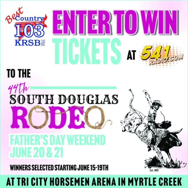 🎟️ ENTER TO WIN TICKETS TO THE 44TH ANNUAL South Douglas Rodeo! 🎟️

Best Country 103 listeners!

Father’s Day Weekend just got even better! We’re giving you the chance to win free tickets to the 44th South Douglas Rodeo happening June 20 & 21, 2026 at the Tri City Horsemen Arena in Myrtle Creek, OR.

How to Enter: Go to 541radio.com and submit your entry today!  Winners will be selected daily starting June 15–19th. https://541radio.com/2026/06/05/south-douglas-rodeo-giveaway/

Event Details & Ticket Pricing:
- Performance Time: 1:00 PM both days  
- Gates Open: 11:00 AM  
- Admission Prices (at the gate):  
  - $10 for ages 13 and up  
  - FREE for ages 12 & under with a paid adult  

This is a perfect family-friendly event for Father’s Day Weekend! Expect classic rodeo action including bull riding, roping, barrel racing, and exciting Youth Events (Sheep Riding, Calf Riding, Steer Riding, Jr. Barrel Racing, Stick Horse Race, and Goat Tying). 

There’s also a Parade on Saturday at 11:00 AM in downtown Myrtle Creek and a Rodeo Breakfast Saturday morning at the Myrtle Creek Elks Lodge.

Established in 1982, the South Douglas Rodeo is a beloved community tradition packed with thrills, fun, and Western hospitality.

Don’t miss out — enter now at 541radio.com for your chance to win tickets!

Who’s taking their dad to the rodeo this year? Drop a comment and tag someone you’d bring with you!

#SouthDouglasRodeo #BestCountry103 #KRSB #MyrtleCreekRodeo #FathersDayWeekend #RodeoTickets #541radio