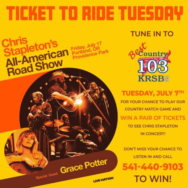 TICKET TO RIDE TUESDAY GIVEAWAYS ARE BACK ON BEST COUNTRY 103! 🎟️🔥

Y’all ready to saddle up? This July, Best Country 103 is bringing back Ticket To Ride Tuesday every single Tuesday — your shot at scoring tickets to the hottest country (and country-adjacent) shows rolling through the Pacific Northwest!

We’re talkin’ final pairs for some of these massive shows at Providence Park in Portland and Cascades Amphitheater in Ridgefield, WA. Don’t miss your chance to grab ‘em before they’re gone!

Here’s the lineup:

- Tuesday, July 7th – Chris Stapleton’s All-American Road Show with special guest Grace Potter on Friday, July 17 at Providence Park in Portland, OR.

- Tuesday, July 14th – Last call for Jason Aldean with Chase Matthew, Mackenzie Carpenter, and Dee Jay Silver on Thursday, July 30 at Cascades Amphitheater in Ridgefield, WA.

- Tuesday, July 21st – Riley Green on his “Cowboy As It Gets Tour 2026” with Randy Houser, Kashus Culpepper, and Hannah McFarland on Thursday, September 17 at Cascades Amphitheater.

- Tuesday, July 28th – Five Finger Death Punch on their 20th Anniversary World Tour with Cody Jinks and Eva Under Fire on Saturday, September 12 at Cascades Amphitheater.

How to Win:
- Tune in to Moon & Grubes every Tuesday morning on Best Country 103.
- Be ready to call 541-440-9103 the second we open those lines.
- Play our on-air game and win a pair of tickets!

These are some of the biggest shows of the summer, and with final pairs on the line, the competition is gonna be hotter than a two-dollar pistol. Stay locked in to Best Country 103 all month long, tag your concert buddy, and get ready to ride!

🎟️🔥 #TicketToRideTuesday #BestCountry103 #ChrisStapleton #JasonAldean #RileyGreen #FiveFingerDeathPunch #CascadesAmphitheater