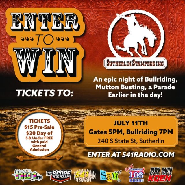 The Stampede is comin' to town and YOU could be ridin' in for FREE! 🐂🤠

Saddle up, partners! We're teamin' up with the Sutherlin Stampede to give away tickets to one epic day of Rodeo action!

🎟️ ENTER TO WIN TICKETS TO THE SUTHERLIN STAMPEDE!

Kick off the day with the Sutherlin Stampede Parade at 10:00 AM through downtown Sutherlin (along West Central Avenue), then head over for an unforgettable evening featuring:
- 🔥 Heart-pounding Bull Riding
- 👦 Wild & fun Mutton Busting

📅 Saturday, July 11th  
🎉 Parade: 10:00 AM  
🚪 Gates open at 5:00 PM | Bull Riding starts at 7:00 PM  
📍 240 S State St, Sutherlin

Ticket Info:
- $15 Pre-Sale
- $20 Day of Show
- 5 & Under FREE with paid General Admission

This is your chance to enjoy a full day of classic rodeo fun with your family and friends — parades, cowboys, and thrills all in one day!

How to enter: Head over to 541radio.com right now and throw your hat in the ring!

https://541radio.com/2026/06/23/sutherlin-stampede-ticket-giveaway/

Tag your rodeo crew below and share this post — let’s pack the streets for the parade and the stands for the rodeo! 🤠

Let’s make this the biggest Stampede yet! See y’all downtown and under those lights! 🔥

#SutherlinStampede #StampedeParade #BullRiding #MuttonBusting #SutherlinOR #RodeoSeason #541Radio