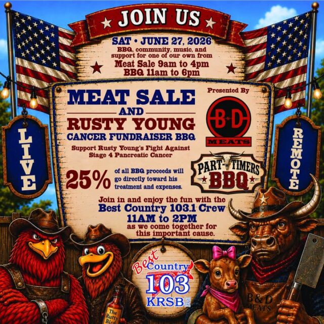 🔥 THIS SATURDAY in Roseburg — Don’t Miss It! 🔥

Best Country 103 is pumped to be part of something awesome happening this Saturday, June 27th at B&D Meats!

Come on out from 9am to 4pm for the big Meat Sale & Rusty Young Cancer Fundraiser BBQ, hosted by our friends at B&D Meats and Part-Timers BBQ LLC. The BBQ will be going on from 11am to 6pm so come hungry!!!

It’s going to be an all-day celebration full of delicious BBQ, unbeatable meat deals, great music, and strong community support for a local legend. Rusty Young is battling Stage 4 Pancreatic Cancer, and 25% of all BBQ proceeds will go directly to his treatment and expenses.

Part-Timers BBQ is also firing up samples of their brand-new hot sauces: Habanero, Ghost, Carolina Reaper, Trinidad Scorpion, and Dragon’s Breath — all made with Rutty Bird Honey Mustard as the base! 🌶️🍯

We’ll be broadcasting LIVE with the Best Country 103 crew from 11am to 2pm, keeping the music going and the good vibes rolling!

Whether you’re loading up on premium meats, grabbing some killer BBQ, or just soaking up the country atmosphere — this is the perfect Saturday plan.

Let’s pack the place and show Rusty and his family how strong Douglas County comes together! 🤠❤️

This Saturday • June 27th • 9am–4pm  
B&D Meats – 5370 SW Grange Rd, Roseburg, OR 97471

See you there!  

#BestCountry103 #BDMeats #PartTimersBBQ #SupportRusty #RoseburgStrong #DouglasCounty
