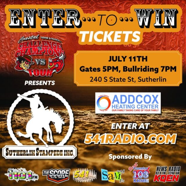 🎟️ Enter to Win Tickets to the Challenge of Champions Tour at the Sutherlin Stampede presented by Addcox Heating Center!!! 

🤠 Join us for an exciting night of top-tier bullriding, mutton busting and Queen Competition!

📅 Saturday, July 11th  
🕔 Gates 5PM | Bullriding 7PM  
📍 240 S State St, Sutherlin
Tickets: $15 Pre-Sale | $20 Day of, 5 & Under Free with Paid General Admission

Enter now at: https://541radio.com/2026/06/23/sutherlin-stampede-ticket-giveaway/

Be sure to head to the 2026 Sutherlin Stampede Parade presented by Buglin' Heights Darafting and Design, Inc July 11th at 10am!!

Tag a friend who needs to win these tickets! 🔥

#SutherlinStampede #ChallengeOfChampions #BullRiding
