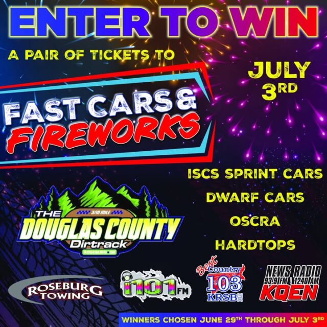 🇺🇸🔥 FAST CARS, FREEDOM & FIREWORKS – Let’s Celebrate America’s 250th with Dirt-Track Thunder! 🇺🇸🔥

Get ready for an all-American night of high-octane racing and fireworks under the stars! 🎆

We’re giving away PAIRS of tickets to the Fast Cars & Fireworks event at The Douglas County Dirtrack brought to you by Roseburg Towing LLC in Roseburg on Friday, July 3rd!

Expect:
- ISCS Sprint Cars
- Dwarf Cars
- OSCRA
- Hardtops
- And a massive fireworks show to kick off your 4th of July weekend!

This is the perfect way to honor America’s 250th birthday — roaring engines, dirt flying, and red, white & blue explosions lighting up the night sky! 🔥

How to Enter: https://541radio.com/2026/06/26/dirt-track-contest/ 

Winners will be chosen daily from June 29th through July 3rd.

Let’s pack the stands and make this Independence Day weekend unforgettable at the Douglas County Dirttrack! 

Who’s ready to race into America’s 250th?

#FastCarsAndFireworks #DouglasCountyDirttrack #America250 #4thOfJuly #RoseburgRacing #SprintCars #DirtTrackNation #OregonRacing
