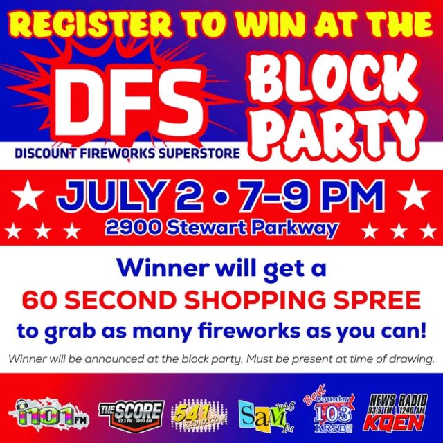 🚨 REGISTER TO WIN A 60-SECOND FIREWORKS SHOPPING SPREE! 🚨

Get ready for an explosive night at the DFS Block Party hosted by Discount Fireworks Superstore!

📅 Thursday, July 2🕖 7:00 PM - 9:00 PM 📍 2900 Stewart Parkway

Come out for the party and register for your chance to win a 60-second shopping spree — grab as many fireworks as you can in one minute! 🔥💥

Winner will be announced live at the block party (you must be present to win)!

Bring your friends, enjoy the summer vibes, and stock up on fireworks for the 4th! 🇺🇸

Register now at Discount Fireworks Superstore — don’t miss your shot at this epic prize!

#DFSBlockParty #FireworksSpree #DiscountFireworks #July4thReady