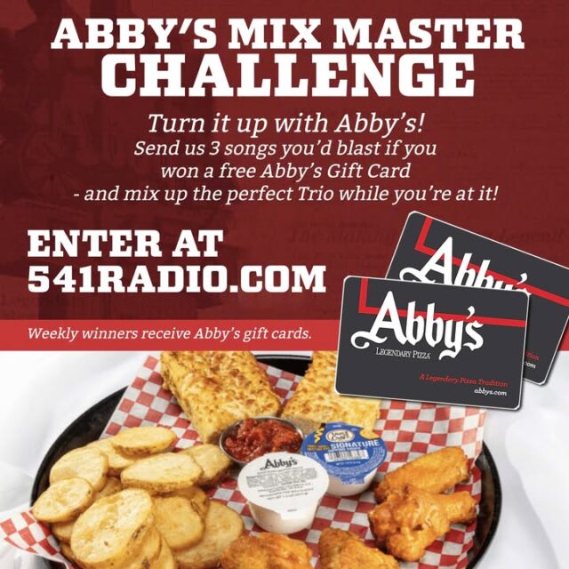 🎶 Abby’s Mix Master Challenge is HERE! 🎉

Turn it up with Abby's Legendary Pizza! Send us 3 songs you’d blast if you won a free Abby’s Gift Card — and mix up the perfect Trio while you’re at it! 

Enter now at 541RADIO.COM: https://541radio.com/2026/07/02/abbys-contest/

Weekly winners receive Abby’s gift cards!

This month, family-owned Abby’s Legendary Pizza is celebrating their 62nd anniversary by introducing the brand-new Mix & Match Trio appetizer sampler! 

It’s simple and delicious: Select your three favorite Abby’s appetizers — all on one plate for one low price.  

Choose from:  
• Warm Idaho Spuds  
• BBQ Wings  
• Boneless Wings  
• Garlic Knots  
• Big Mozz Cheese Pulls (mozzarella sticks or nuggets)  
• Garlic Parmesan Bread Sticks  

Pick three + your favorite sauces for even more legendary flavor! 

What are your favorite Abby’s appetizers? Drop your perfect Trio combo in the comments below 👇  

Tag your crew and let’s celebrate 62 years of Legendary Pizza! 🍕

#AbbysLegendaryPizza #MixMasterChallenge #MixMatchTrio #62ndAnniversary