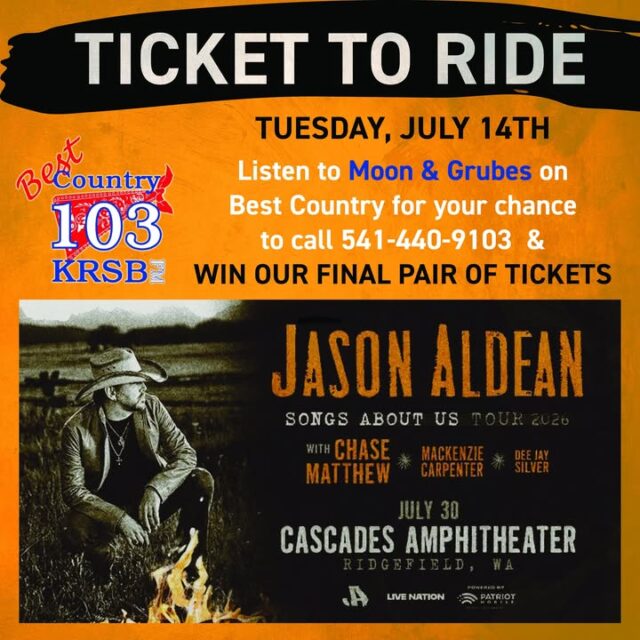 Hey country fans! You don’t want to miss your shot at the FINAL PAIR of tickets to see Jason Aldean live! 

This next Tuesday, July 14th, tune in to Moon & Grubes on Best Country 103. Listen for the cue, then call 541-440-9103 and play our Country Match Game for your chance to win!

Jason Aldean - Songs About Us Tour 2026  
With special guests: Chase Matthew, Mackenzie Carpenter, & Dee Jay Silver  

📅 Thursday, July 30  
📍 Cascades Amphitheater - Ridgefield, WA  

If you’ve been waiting for that perfect night under the lights singing every word… this is your sign. 

Make sure you’re locked into Best Country 103 Tuesday morning and be ready to call when you hear the cue! Who’s ready to ride to this show?! 🤠

Drop a comment if you’re calling in Tuesday! 

#JasonAldean #SongsAboutUsTour #BestCountry103 #WinTickets #CascadesAmphitheater
