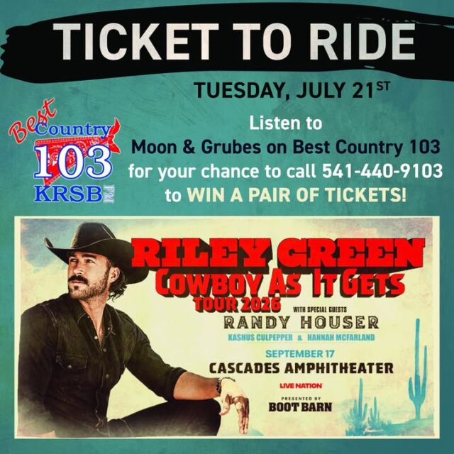 🤠 Country fans, y’all ready to saddle up?

Tomorrow, July 21st during Moon & Grubes on Best Country 103, we’re hooking you up with a Ticket to Ride straight to the *Cowboy As It Gets Tour*!

We’re giving away a pair of tickets to see Riley Green live at Cascades Amphitheater on September 17th, with special guests Randy Houser, Kashus Culpepper & Hannah McFarland Music.

This ain’t just a show — it’s a full-on country night done the Riley Green way: trucks, backroads, cold beers, and that real-deal Southern sound.

How to win your Ticket to Ride:
- Tune in Tuesday morning with Moon & Grubes
- Listen for the cue
- Call 541-440-9103 and you could be heading to the amphitheater with Riley!

Who’s ready to kick the dust up and sing every word? 🔥

Drop your favorite Riley Green song (or Randy Houser banger) below if you’re calling in next Tuesday — let’s see who’s reppin’ the hardest!

#TicketToRide #RileyGreen #CowboyAsItGets #BestCountry103 #MoonAndGrubes #IfItWasntForTrucks #ThereWasThisGirl