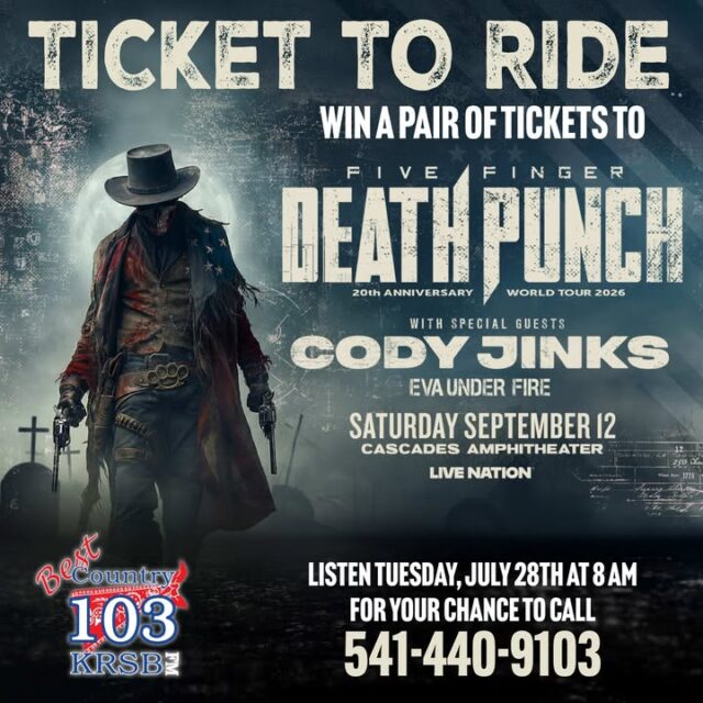 Best Country 103 is giving you a Ticket to Ride to an epic crossover concert — and it starts TOMORROW MORNING!

Tune in tomorrow morning on Best Country 103 for your chance to win tickets to see Cody Jinks live at the Cascades Amphitheater!

This is the ultimate Metal meets Outlaw Country crossover show you don’t want to miss — 20 YEARS OF 5FDP! To celebrate two decades of hard-hitting anthems, Five Finger Death Punch is bringing their massive 20th Anniversary World Tour to North America this summer 2026, with special guests Cody Jinks and Eva Under Fire.

All for a great cause too — $1 from every ticket sold benefits the USA Judo and BMX Racing & BMX Freestyle Olympic Teams. Go Team USA!

Listen to Best Country 103 tomorrow morning, Tuesday, July 28th for your shot at winning tickets to this unforgettable night at Cascades Amphitheater.

Tickets are available now — don’t miss out on the rock-country crossover of the year! 🎟️🤘🇺🇸