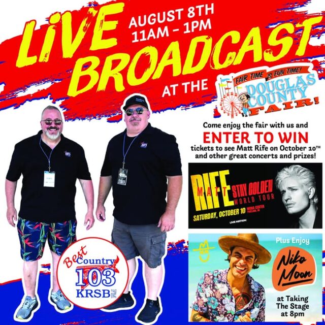 🎡 IT’S DOUGLAS COUNTY FAIR WEEK! 🇺🇸

Come hang out with Moon & Grubes for a LIVE broadcast straight from the fairgrounds this Saturday, August 8th from 11:00 AM – 1:00 PM!

Stop by the Best Country 103 booth to say hi, grab some swag, and ENTER TO WIN a pair of tickets to see comedian Comedian Matt Rife live at the Moda Center on October 10th! 🎟️ We’ll also have other great prizes and concert ticket giveaways up for grabs.

And don’t miss an incredible night of music later that evening - Niko Moon takes the stage at 8:00 PM! 🎸

It’s Fair Time, Fun Time, and country music time all rolled into one. Come enjoy the fair with us, catch the live broadcast, enter the giveaways, and stick around for Niko Moon!

See you at the Douglas County Fair this Saturday, August 8th! 🇺🇸🎡🎤

#BestCountry103 #MoonAndGrubes #DouglasCountyFair #NikoMoon #MattRife #LiveBroadcast #RoseburgOregon #CountryMusic #FairWeek