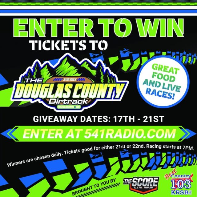 🏁 ENTER TO WIN: Experience the Thrill of the The Douglas County Dirtrack! 🏁

Get ready for adrenaline-pumping action, roaring engines, and a weekend of high-speed excitement! Best Country 103 and 1490 The Score  have teamed up with the Douglas County Dirtrack to give you a chance to experience live local racing up close!

We are giving away tickets to the races, and you could be one of our daily winners!

🎟️ GIVEAWAY DETAILS

Giveaway Dates: 17th - 21st
Where to Enter: Head over to 541RADIO.COM right now!
Winners Chosen: Daily! Tickets are good for either the 21st or 22nd.

🏎️ THE RASE SCHEDULE: HPP NON-WING NATIONALS

Night #1 – Friday, the 21st

Featured Classes: Non-Wing Sprint Cars, IMCA Modifieds, IMCA Sport Mods
5:00 PM: Drivers Meeting
6:00 PM: Hot Laps & Qualifying
7:00 PM: Racing Starts!

Night #2 – Saturday, the 22nd

Featured Classes: Non-Wing Sprint Cars, IMCA Modifieds, IMCA Sport Mods
5:00 PM: Drivers Meeting
6:00 PM: Hot Laps & Qualifying
7:00 PM: Racing Starts!

🍔 WHAT TO EXPECT

High-Octane Action: Feel the ground shake on the 3/10 mile dirt track as drivers battle it out for the checkered flag!
Great Food: Grab a bite from the trackside concessions to fuel up for an incredible night of entertainment.
Unbeatable Atmosphere: Bring your friends and family for an unforgettable evening under the lights in Roseburg!

Don't wait! Head to 541RADIO.COM between the 17th and 21st to lock in your chance to win. Dust off your gear, get ready for race night, and let’s go racing!

https://541radio.com/2026/08/10/dirt-track-contest-2/