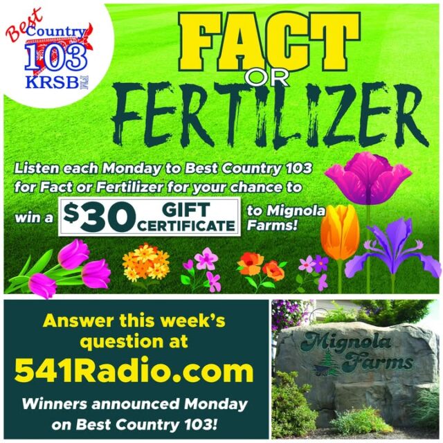 🎶 Mignola Mondays are back on Best Country 103! 🤠🌳

Ready for a brand-new weekly question to test your local smarts and hook you up with an awesome prize? Let's dive right into August in the Umpqua Valley!

This week’s question:
When visiting a premier local nursery and plant provider like Mignola Farms out on Roberts Creek Road, what is a key benefit of choosing locally-acclimated perennials, trees, and shrubs grown for Pacific Northwest conditions?

A) They require zero water or maintenance ever again once planted.
B) They are specifically selected to thrive in our region's unique local soil and climate microclimates.
C) They only bloom during the dead of winter.
D) They completely repel all local wildlife permanently.

💡 Think you know the answer? Drop your guess at 541Radio.com. One correct answer randomly drawn will win a $30 gift certificate to Mignola Farms to help you grab your next favorite tree, shrub, or seasonal annual!

https://541radio.com/2025/12/30/fact-or-fertilizer/

Get those answers in, support local, and keep it locked to Best Country 103! 👇