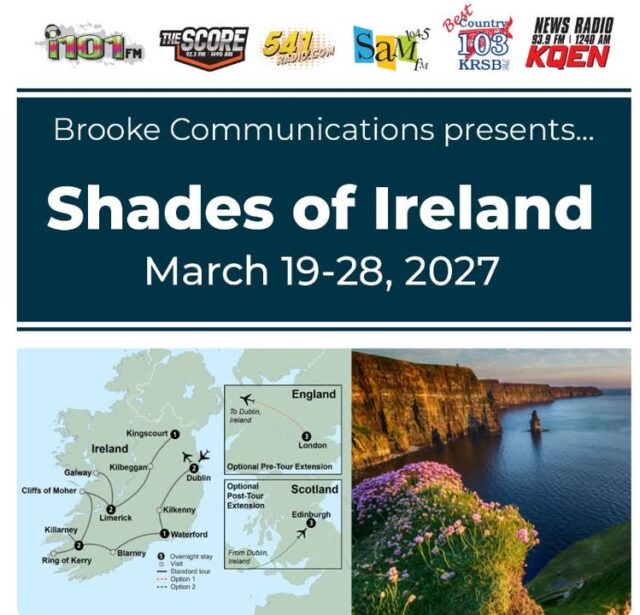 Ready for the journey of a lifetime? 🇮🇪✨

Join Kyle Bailey and Brooke Communications, in partnership with Travel Leaders Fly Away Travel and Collette, for an unforgettable 10-day adventure through the Emerald Isle from March 19–28, 2027! Travel alongside friends from our local community with everything taken care of, including transportation right from Roseburg and roundtrip airfare from Eugene.

📢 WANT TO LEARN MORE? JOIN US TONIGHT!
Have questions about the trip? Come meet with Kyle Bailey of News Radio 1240 KQEN, Brooke Communications, Fly Away Travel, and Collette TODAY from 5:00 PM to 7:00 PM at the Lotus Media Group Building (the old News-Review building at 345 NE Winchester St). We'll go over all the details, itinerary highlights, and answer any questions you have!

From the vibrant streets of Dublin and the legendary Blarney Stone to the breathtaking Cliffs of Moher, the Ring of Kerry, and an exclusive overnight stay at the magnificent Cabra Castle, this fully escorted tour combines rich history, stunning landscapes, and warm Irish hospitality.

☘️ Trip Highlights Include:

*10 Days of professionally guided sightseeing and cultural experiences
*13 Meals Included: 8 breakfasts and 5 dinners, featuring a traditional Irish night with entertainment and a farewell dinner at the castle
*Incredible Stops: Dublin, Kilkenny, Waterford, Killarney, Limerick, and Kingscourt
*Seamless Travel: Transportation from Roseburg and roundtrip airfare from Eugene

Priced from just $4,999 per person. Whether it’s your first time visiting or you've been dreaming of returning, come see us tonight or reserve your spot today to start planning your ultimate Irish getaway!