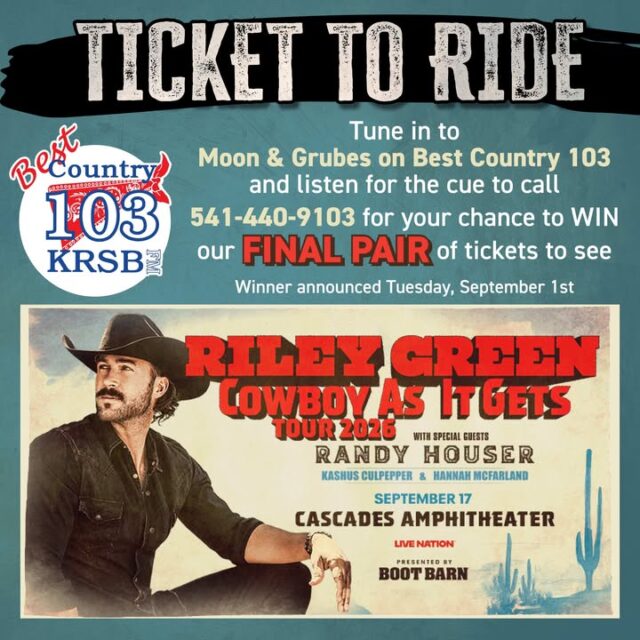 🎸 I WISH THAT WAS ME... but instead, it could be YOU! 🍻

We are down to our FINAL PAIR of tickets to see Riley Green on his Cowboy As It Gets Tour 2026 at Cascades Amphitheater on September 17! If you want to catch Riley, Randy Houser, Kashus Culpepper, and Hannah McFarland live, you better get that phone in your hand and listen up!

Tune in to Moon & Grubes on Best Country 103 during the morning show, keep your ears open for the cue to call, and dial 541-440-9103!

We'll be choosing our lucky winner on Tuesday, September 1st—so don't miss your last shot at a ticket! 🤠🎶

#BestCountry103 #KRSB #RileyGreen #CowboyAsItGetsTour #MoonAndGrubes #CountryMusic
