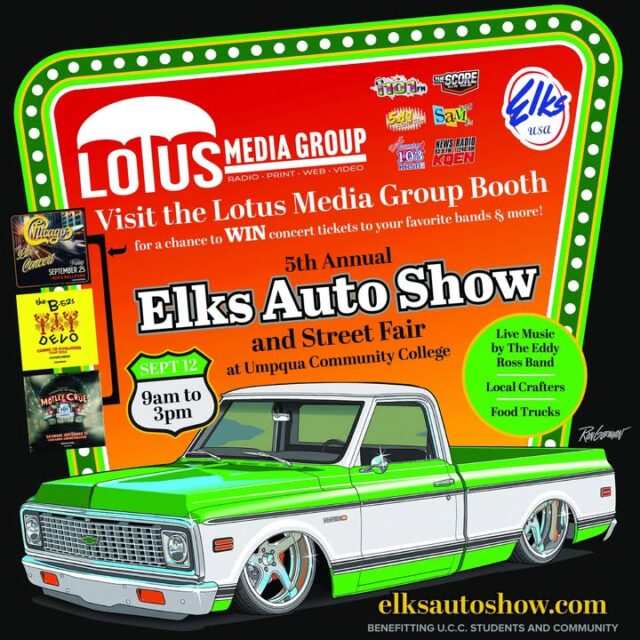 🚗💨 Heading to the 5th Annual Roseburg Elks Charity Auto Show & Street Fair? Make sure to stop by the Lotus Media Group booth!

We’re hooking you up with a chance to WIN concert tickets to three massive upcoming shows:
🎟️ Chicago — Hillsboro Hops Ballpark (Sept 25th)
🎟️ The B-52's & Devo — Cascades Amphitheater (Sept 25th)
🎟️ Mötley Crüe with Tesla & Extreme — Cascades Amphitheater (Sept 26th)

Just swing by our booth during the show and enter to win!

EVERYTHING YOU NEED TO KNOW ABOUT THE ELKS AUTO SHOW:

🗓️ When: Saturday, September 12th from 9:00 AM – 3:00 PM
📍 Where: Umpqua Community College
🌐 More Info: elksautoshow.com

What’s Happening:
* Car & Truck Display: Walk the campus and check out an impressive lineup of classic cars, custom hot rods, and sleek trucks.
* Live Music: Enjoy live performances throughout the day from The Eddy Ross Band.
* Street Fair & Crafters: Browse unique items, handmade goods, and gifts from top local crafters and vendors.
* Food Trucks: Satisfy your cravings with a wide selection of delicious food options on-site.
* Community Cause: Beyond the fun, this event directly benefits U.C.C. students and local community programs!

Bring the family, enjoy the food and music, check out the rides, and don't forget to register for those concert tickets at the Lotus Media Group booth! See you there! 🏎️🎶