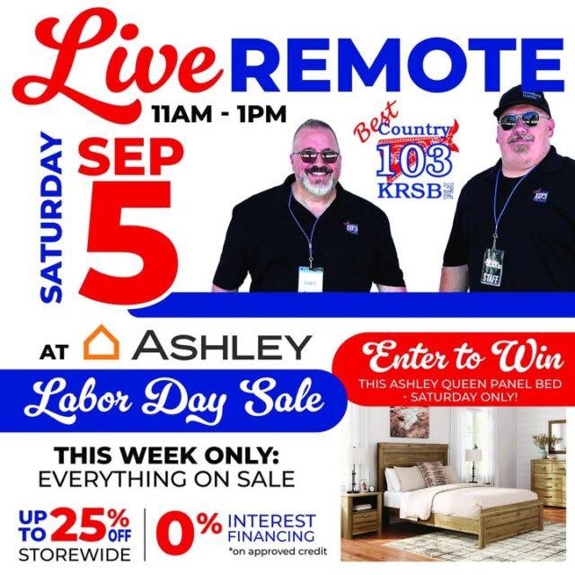 🔥 LIVE REMOTE NEXT SATURDAY with Moon & Grubes!! 🔥

Best Country 103 is hitting the road and heading to Ashley Homestore in Roseburg for a special Live Remote during the Labor Day Sale!

📅 Saturday, September 5th
🕚 11 AM – 1 PM

Come hang out with Moon & Grubes while you shop the biggest sale of the season! Be sure to stop by the booth for a chance to win some prizes from Da'Roadie and don't forget to ENTER TO WIN this gorgeous Ashley Queen Panel Bed!!!

💥 This upcoming week only:  
✅ Everything on sale  
✅ Up to 25% OFF storewide  
✅ 0% Interest Financing (*on approved credit)

Don’t miss the fun, the savings, and your chance to win big with Best Country 103 and Ashley Furniture!

📍 Ashley Furniture – Roseburg  
See you there!!! 🎸🛏️

#BestCountry103 #MoonAndGrubes #AshleyFurniture #LaborDaySale #Roseburg #LiveRemote