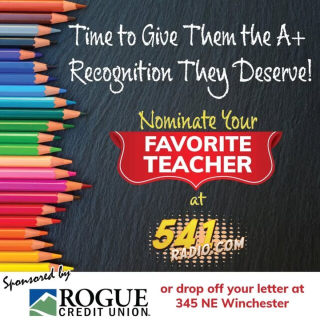 🍎📚 Back to School is here, and it’s time to give our local educators the A+ recognition they deserve! ✏️✨

Do you know an extraordinary teacher who goes above and beyond for their students every single day? Help us give them the spotlight! We’re looking for outstanding educators to celebrate as our Teacher of the Month! 🌟

It’s easy to submit a nomination:
💻 Online: Head to 541radio.com to submit your nomination. https://541radio.com/2025/12/30/teacher-of-the-month/
📍 In Person: Drop off your nomination letter at 345 NE Winchester.

Let's show our appreciation for the amazing teachers making a difference in our community! 🏆 High five a teacher today and get those nominations in!

Huge thanks to our sponsor, Rogue Credit Union, for helping us celebrate our amazing local educators! 🙌💙

#TeacherOfTheMonth #BackToSchool #AppreciateTeachers #541Radio #RogueCreditUnion #SupportLocalTeachers