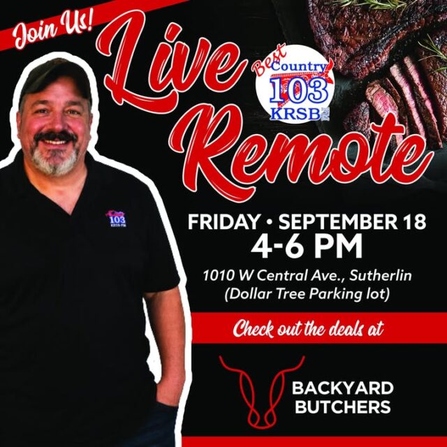 🥩 HAPPENING THIS AFTERNOON! 🥩

Best Country 103 is kicking off Day 1 of our 2-day live broadcast event today, and we want to see you there!

If you're looking to stock up the freezer with incredible deals on steak, chicken, pork, and seafood, make sure to head over after work today.

📍 Where: Dollar Tree Parking Lot (1010 W Central Ave., Sutherlin)
⏰ When: TODAY, Friday, Sept 18th from 4:00 PM – 6:00 PM

Stop by the Best Country 103 booth to say hi to Moon (from Moon & Grubes in the Morning), spin the prize wheel, and snag some awesome station swag while you shop the massive Backyard Butchers sale!

(Can't make it today? Catch our 2nd live remote tomorrow, Saturday, from 11 AM – 1 PM at the TJ'S Market parking lot in Myrtle Creek!)

Don't miss out on these huge backyard barbecue savings today! See you in a few hours! 📻🤠🔥

#BestCountry103 #BackyardButchers #SutherlinOR #LiveRemote #CountryRadio #SutherlinOregon #MeatSale #HappeningToday #DouglasCountyOR