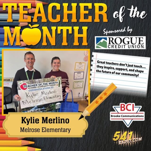 Our first Rogue Credit Union Teacher of the Month for the 26/27 school year is Kylie Merlino from Melrose Elementary School! Kylie is an inspiration to her students and her community!  Nominate your teacher at www.541radio.com today!