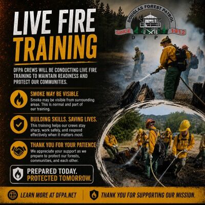 Crews with the Douglas Forest Protective Association are continuing live fire training with exercises continuing through next week, weather and operational workload permitting.

DFPA Public Information Officer Rachel Pope said smoke may be visible between 12:00 p.m. and 2:00 p.m. in these training areas through at least Friday:

*The 4000 block of North Bank Road, east of Roseburg

*The 2900 block of Metz Hill Road in the Oakland area

*The 4400 block of Gazley Road in the Myrtle Creek area

Pope said the public may see smoke and fire activity during training hours as the training is an essential part of preparing firefighters for wildfire response.

For More Information Please Visit www.nrtoday.com