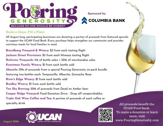The United Community Action Network Food Bank is having its Pouring Generosity campaign happening throughout the month of August.

It will feature 10 local wineries, breweries, coffee shops and restaurants. All month long, participating businesses are donating a portion of proceeds from featured specials to support the UCAN Food Bank.

A kickoff event will be on August 1st from 9:00 a.m. to 1:00 p.m. at the Umpqua Valley Farmers Market. Residents can stop by the booth to learn about participating businesses, special promotions, and upcoming pop-up events.

For More Information Please Visit www.nrotday.com