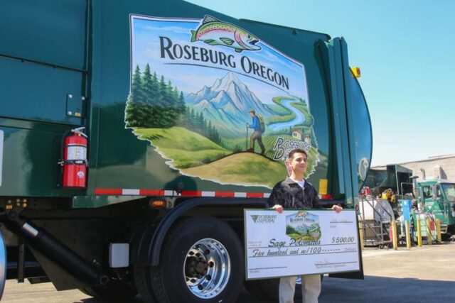 Most fine artworks are stationary, unmoving from where they were places as fixtures of a space or setting. But this week, two Roseburg High School (RHS) students got the chance to see their works in a unique context; Not in a gallery and not as a wall mural, but on wheels.

On Thursday, Roseburg Disposal presented the winners of a local art contest, Bailey Wilcox and Sage Polomares, with $500 prizes and unveiled two new wraps on the side of the company's garbage trucks which feature their art.

The winners were both students of RHS art instructor Mary Eckman, who collaborated with Roseburg Disposal to turn a class assignment into an opportunity for the public to celebrate student arts.

For More Information Please Visit www.nrtoday.com
