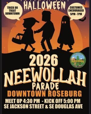 Costumed characters of all ages are invited to downtown Roseburg for the 2026 Neewollah Parade and trick-or-treating event on Saturday, Oct. 31.

A City of Roseburg release said participants should meet at 4:30 p.m. near the intersection of Southeast Jackson Street and Southeast Douglas Avenue. The parade down Southeast Jackson will begin at 5:00 p.m., followed by downtown trick-or-treating through 7:00 p.m. Costumes are encouraged.

Neewollah—Halloween spelled backward—has been a Roseburg tradition since 1933. Organizers say the annual celebration brings families and community members together for a festive evening in the heart of downtown.

For More Information Please Visit www.nrtoday.com