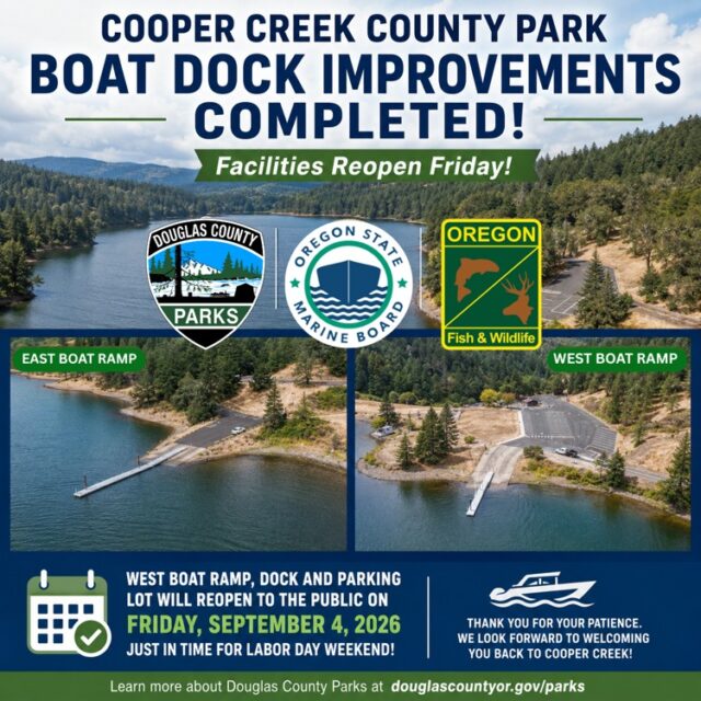 Douglas County Parks Department, in partnership with the Oregon State Marine Board and the Oregon Department of Fish & Wildlife, have announced the completion of the Cooper Creek County Park Boat Dock Replacement Project.

A county release said the west boat ramp, dock and parking lot reopened to the public on Friday, September 4th. The project included the replacement of the park’s aging east and west boat docks, parking lot paving and related accessibility improvements.

The upgrades were designed to improve public safety, accessibility and the overall recreational experience for boaters and visitors to Cooper Creek County Park. Construction began in June with improvements to the east boat ramp and continued in July with the closure of the west boat ramp to accommodate construction activities.

For More Information Please Visit www.nrtoday.com