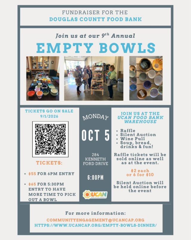 The United Community Action Network Food Bank will have its Empty Bowls fundraiser returning on Monday, October 5th and tickets go on sale on Tuesday.

A UCAN release said it will be held at 6:00 p.m. at the Food Bank Warehouse on Northeast Kenneth Ford Drive, just north of Roseburg.

Attendees get their choice of a bowl crafted locally to use to taste an array of soups made by some of Douglas County’s top restaurants and chefs. Artisan bread and wine will accompany the soup.

Tickets will be $55. A limited number of tickets are on sale for $65 which will give supporters early entry at 5:30 p.m. There will also be a silent auction, raffle, and wine pull.

For More Information Please Visit www.nrtoday.com